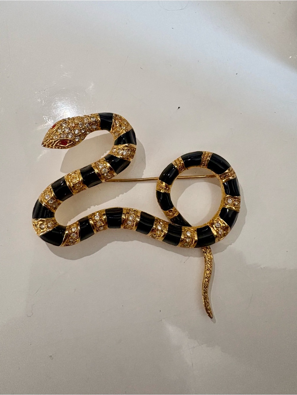 Vintage Black Enamel & Gold Rhinestone Coiled Snake Brooch Pin